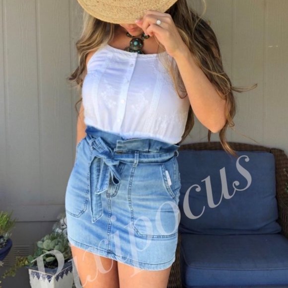 FREE PEOPLE Paperbag High Waist Denim Mini Skirt - Picture 2 of 9